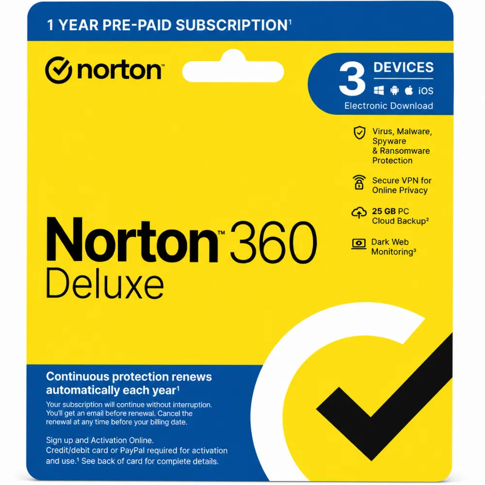Norton 360 Deluxe cybersecurity and antivirus software with 25GB cloud backup