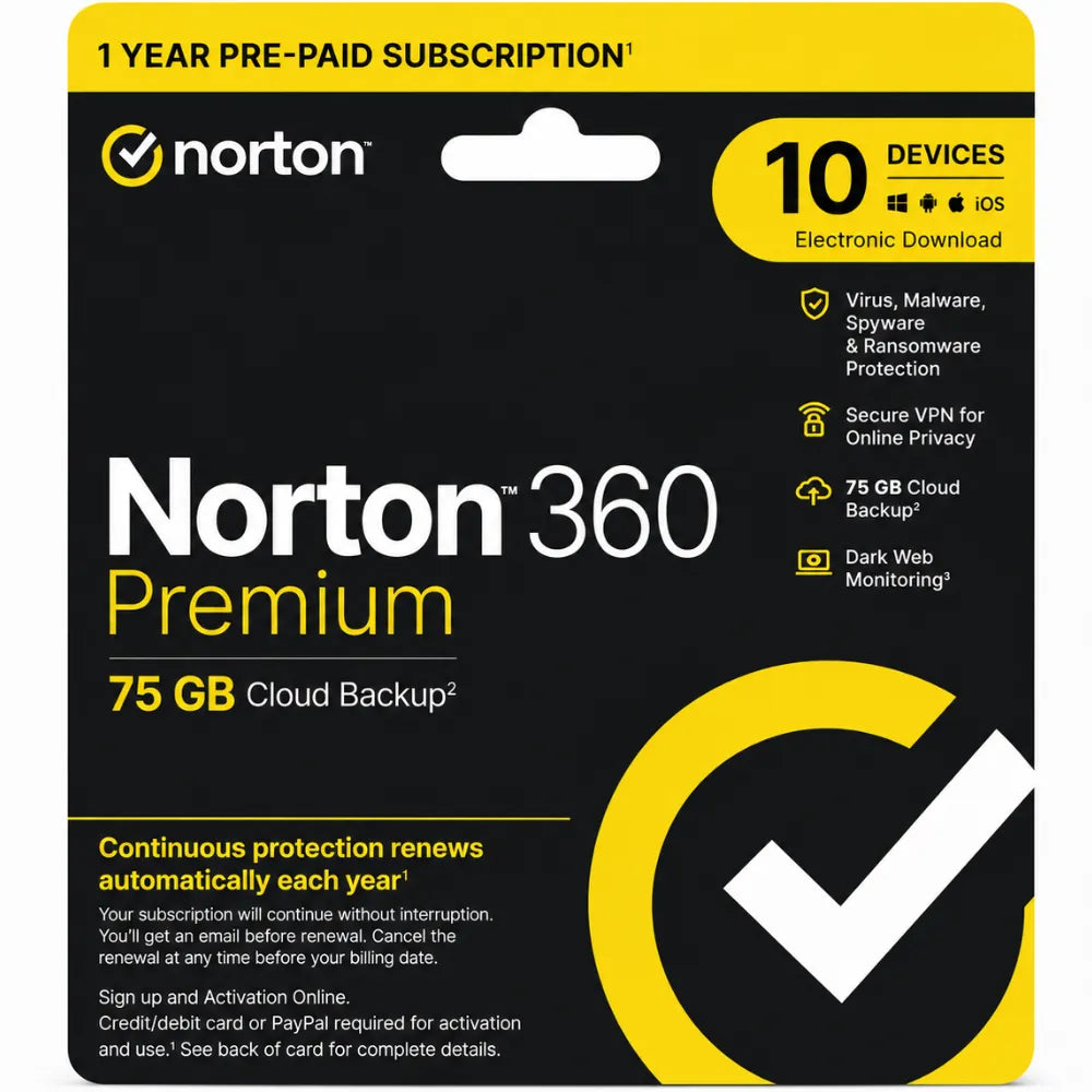Norton 360 Premium cybersecurity software with 75GB cloud backup